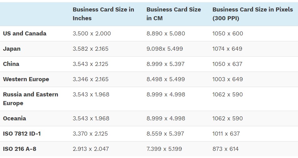 different business card sizes 